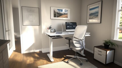 Poster - A clean and professional workspace at home with a tablet, keyboard, and ergonomic chair, blending functionality with comfort.