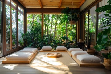 Poster - Meditation space design tranquil garden interior decor natural elements cozy environment mindfulness concept
