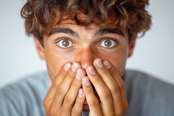 Poster - A person wearing casual clothing covering their mouth with their hands