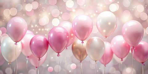 Poster - A cluster of pastel pink and cream balloons floats against a shimmering background.