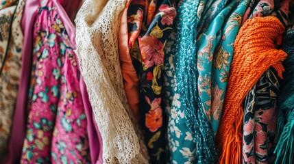 Poster - A close-up of vibrant festival clothing, including floral prints, fringe details, and colorful accessories, arranged neatly on a neutral surface with space for text.