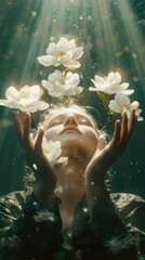 Wall Mural - Surreal woman surrounded by blooming magnolias enchanted forest digital art ethereal dreamlike atmosphere