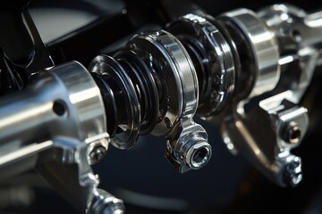 Poster - A detailed view of a motorcycle's front suspension mechanism
