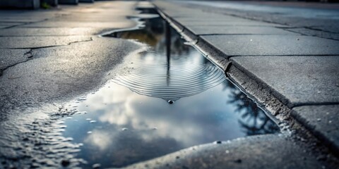 Poster - Puddle Reflections Pavement Crack Shows Sky and Tree