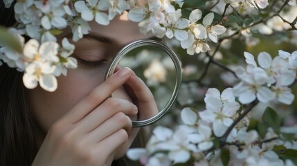 Aufkleber - A woman examines something close-up with a magnifying glass, useful for illustration of curiosity and investigation
