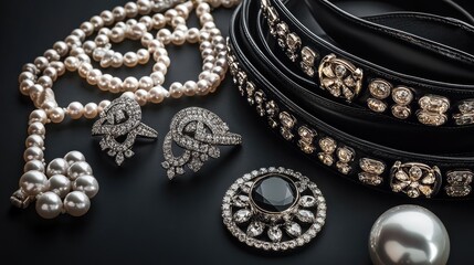 Poster - A collection of opulent fashion accessories like diamond earrings, leather belts, and pearl necklaces, arranged on a sleek surface with ample room for messaging.