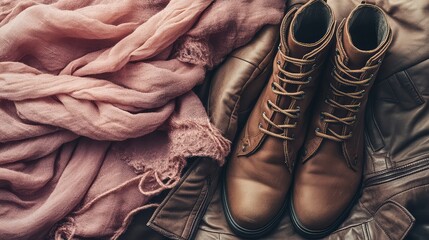 Poster - A creative display of women's fashion essentials, such as a leather jacket, boots, and scarf, placed elegantly on a soft fabric background with room for text.