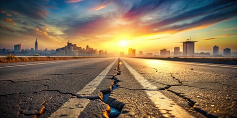 Aufkleber - A sun-drenched highway with cracked asphalt leading to a distant cityscape at sunrise