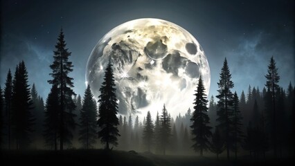 Poster - Enormous Moon Illuminates a Misty Pine Forest at Night