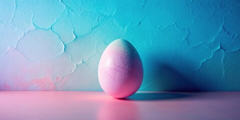 Wall Mural - Pink Cracked Egg on a Pastel Surface Against a Textured Wall