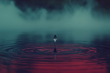 Aufkleber - A vibrant scene shows a single droplet splashing into water under an atmospheric red light, evoking a sense of dynamic motion and vivid color contrast.