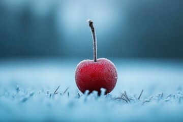 Poster - A striking frosty red cherry stands against an icy blue background, capturing the stark contrasts of color and temperature, evoking a sense of freshness and purity.