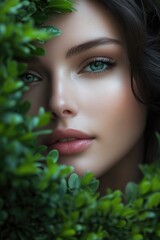 Poster - A woman hides behind a bush, her green eyes visible from this angle