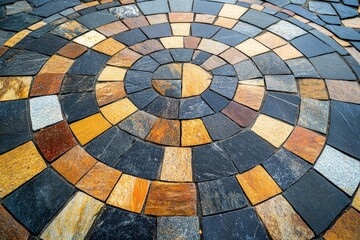 Leinwandbilder - This image features a circular stone pattern with colorful square and rectangular stones arranged in concentric circles, creating a vibrant visual effect.