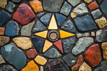 Leinwandbilder - This image showcases a colorful stone mosaic featuring a striking central star design, embodying creativity and symmetry in a harmonious artistic expression.