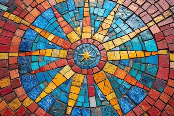 Aufkleber - This image showcases a circular mosaic design featuring a detailed star pattern, crafted with vibrant blue and yellow tiles, set in a concentric arrangement.