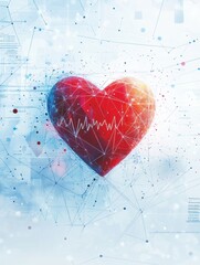 Aufkleber - Glowing red heart with dynamic cardiogram surrounded by a network of connections and data. Generative AI