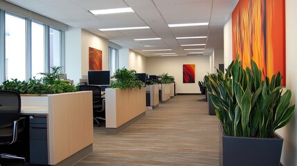 Poster - green office layout with ergonomic furniture, vibrant planters, and neutral tones, emphasizing susta