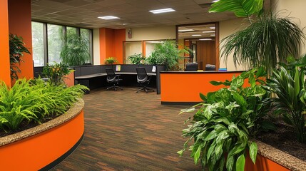 Poster - green office layout with ergonomic furniture, vibrant planters, and neutral tones, emphasizing susta