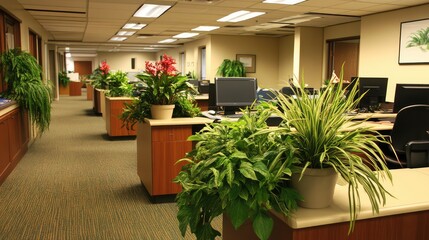 Poster - green office layout with ergonomic furniture, vibrant planters, and neutral tones, emphasizing susta