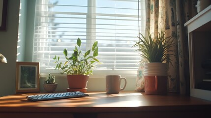 Canvas Print - High-angle shot of a clean desk with a keyboard, a mug, and a potted plant arranged neatly on a wooden table.