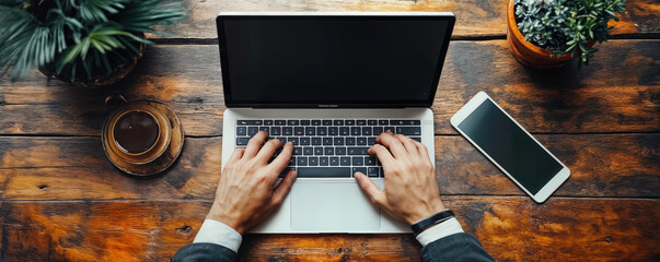 Poster - Man Working on Laptop with Mobile Phone and Coffee on Wooden Table High Angle View