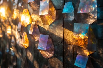 Poster - A stunning display of vibrant, hexagonal glass art, glowing as sunlight passes through, creating a kaleidoscope of colors on a textured, artistic surface.