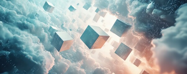 Poster - Abstract 3D cubes floating and disintegrating into pixelated clouds, futuristic and artistic, 4k photo.