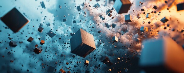 Poster - Abstract 3D cubes floating and disintegrating into pixelated clouds, futuristic and artistic, 4k photo.