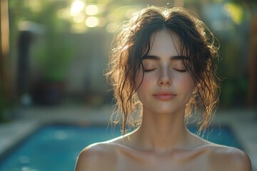 Poster - A woman relaxes by a pool with her eyes closed, enjoying the sun and calmness