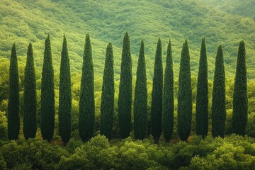Poster - Row of tall trees on the lush green hillside