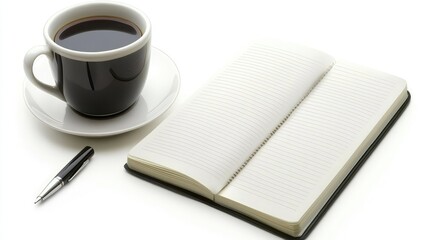 Poster - High-angle view of a professional desk featuring an open notebook, a pen, and a cup of coffee placed neatly on a white surface.