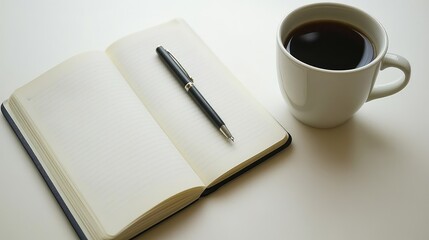Poster - High-angle view of a professional desk featuring an open notebook, a pen, and a cup of coffee placed neatly on a white surface.