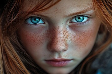 Poster - Portrait of a woman with distinctive freckles on her skin, suitable for use in beauty or lifestyle context