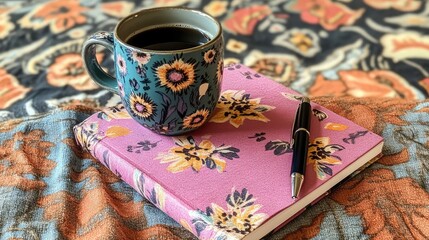 Canvas Print - High-angle view of a simple desk with a coffee mug, notebook, and pen, creating a minimalist and focused workspace.