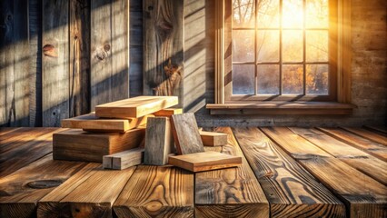 Poster - Rustic Wooden Blocks on a Sunlit Table by a Window