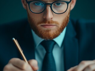 Wall Mural - A focused man in a suit and glasses writes intently, showcasing determination and professionalism in a dimly lit environment.