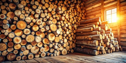 Poster - Rustic Wooden Logs Stacked in a Log Cabin Interior
