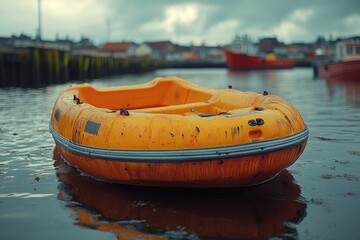 Wall Mural - An inflatable raft floats on the surface of the water, perfect for use in advertising or stock photography