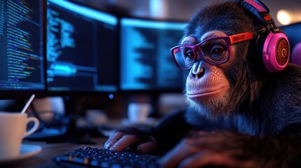 This playful image features a monkey wearing glasses and headphones, focused on coding while surrounded by glowing computer screens, showcasing a blend of technology and whimsy.