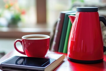 Wall Mural - A small red coffee pot sits on a table next to a cup of coffee, perfect for a morning pick-me-up or office break