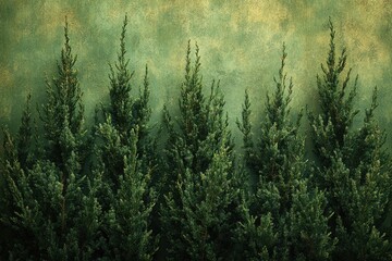 Poster - A group of pine trees stands in front of a large green wall, providing a natural backdrop for various scenarios