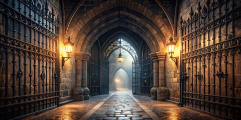 Leinwandbilder - Mysterious Passageway Through Ancient Stone Archway with Ornate Iron Gates and Glowing Lanterns