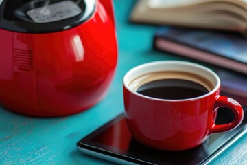 Poster - A cup of coffee and an open book sit on a table, perfect for a cozy reading session or study