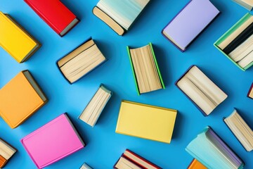 Poster - Group of colorful books on a blue surface