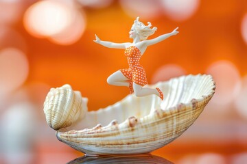 Aufkleber - A figurine of a woman in a dress is placed inside a seashell, a creative and unique arrangement
