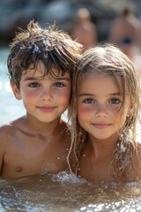Poster - Two kids enjoying themselves in the water, perfect for illustrations or educational content about childhood development
