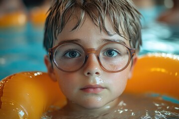 Poster - A young boy wearing glasses is having fun in a swimming pool