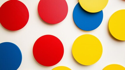 Poster - Bold circles in red, blue, and yellow create a playful arrangement, overlapping joyfully against a light background, inviting awe and creativity