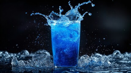 Blue Liquid Splashing Into Glass With Ice